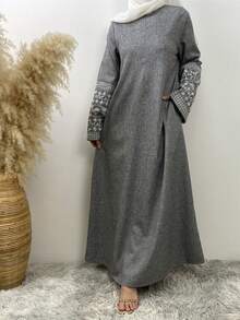 Fashion Patchwork Long Sleeve Embroidered Slim Fit Muslim Dress - Dark Grey - View 5