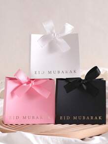 5 piezas, Cajas de regalo mini laminadas Eid Mubarak, negras, blancas y rosas clásicas, con cinta elegante, tamaño: 11,5 * 10 * 4,5 cm - Perfectas para regalar caramelos, chocolates y pequeños recuerdos