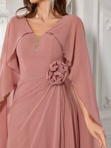 SUPGIR Robe longue de luxe avec décor floral 3D, robe de soirée, robe de mariée, robe de cocktail, manches cape et col V pour femmes - Vieux Rose - Voir 6