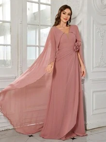 SUPGIR Robe longue de luxe avec décor floral 3D, robe de soirée, robe de mariée, robe de cocktail, manches cape et col V pour femmes - Vieux Rose - Voir 5