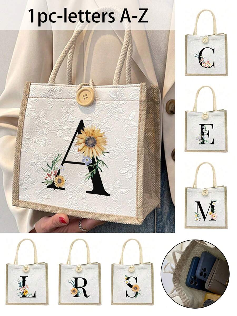 Daisy Flowers Initials Pattern Handbag,Letters A-Z Printed Linen Handbag,Small Floral Linen Button Decorative Handbag - White - View 1