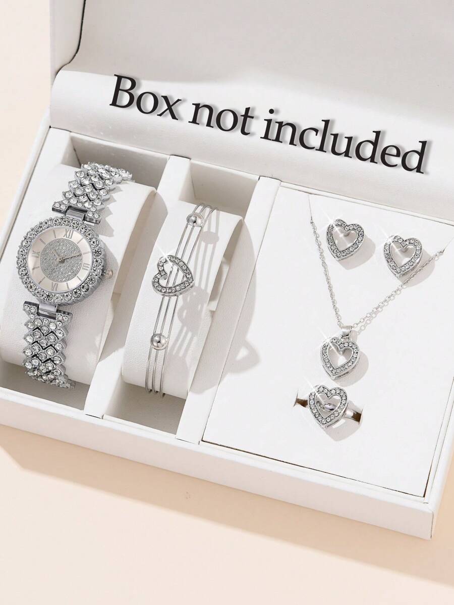 6 件/套时尚优雅儿童水钻闪亮石英手表和心形项链、手链、耳环、戒指首饰套装，儿童礼物，开学季 - 銀色 - 查看 1