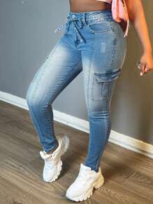 Women's Practical Multi Pocket Denim Pants, Made Of Elastic And Comfortable Fabric, Suitable For Daily Casual Wear And Versatile Tight Pants - Medium Wash - View 5