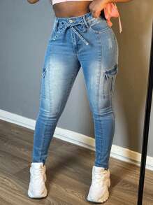 Women's Practical Multi Pocket Denim Pants, Made Of Elastic And Comfortable Fabric, Suitable For Daily Casual Wear And Versatile Tight Pants - Medium Wash - View 2