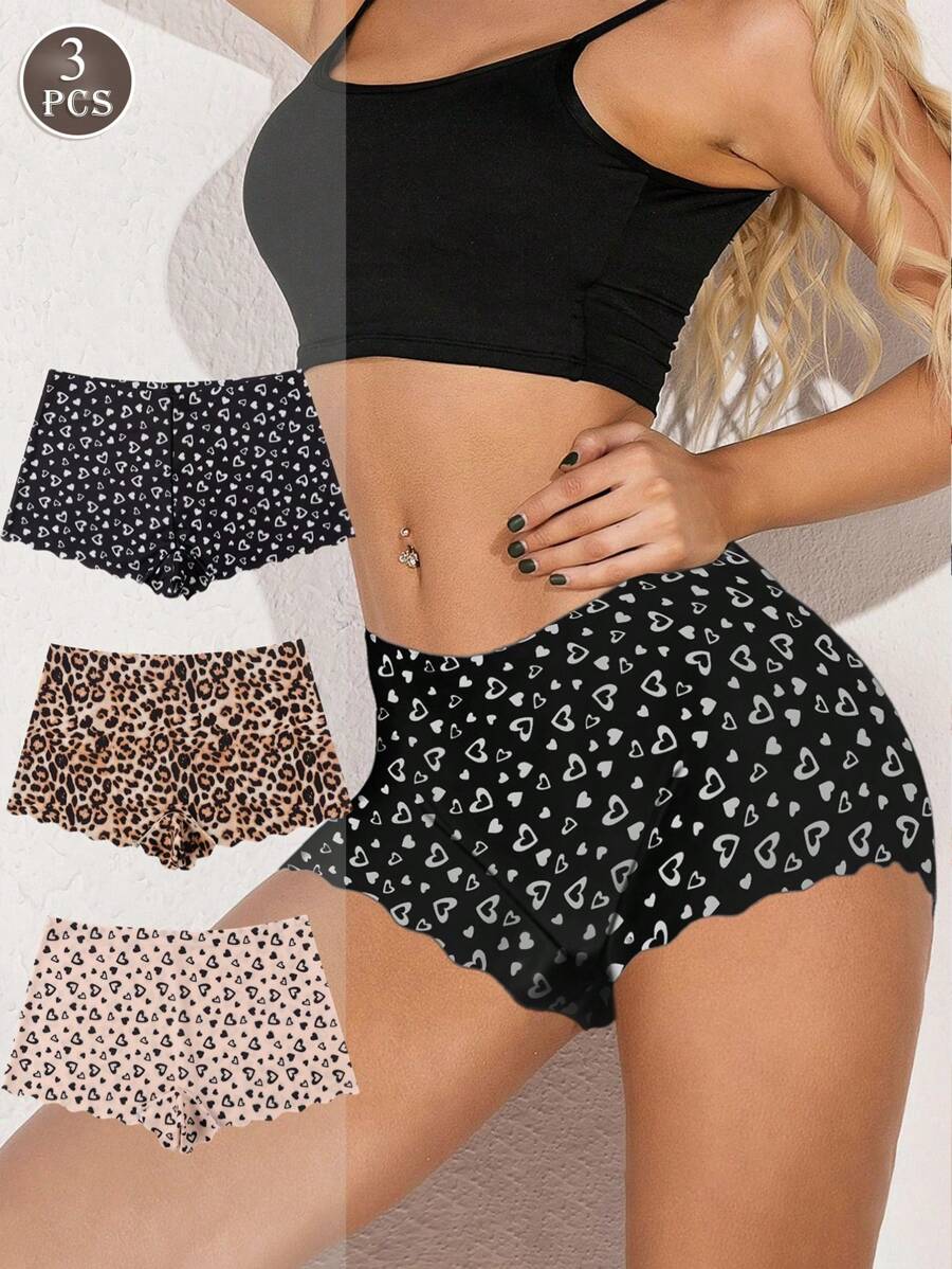 3 件装 女士无缝豹纹印花内裤，提臀速干中腰三角裤