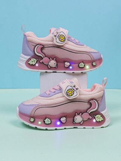 卡通松鼠设计 LED 发光运动鞋，PU 皮革透气，适合男孩和女孩 - 休闲、减震、防滑户外跑步和步行鞋，四季皆宜