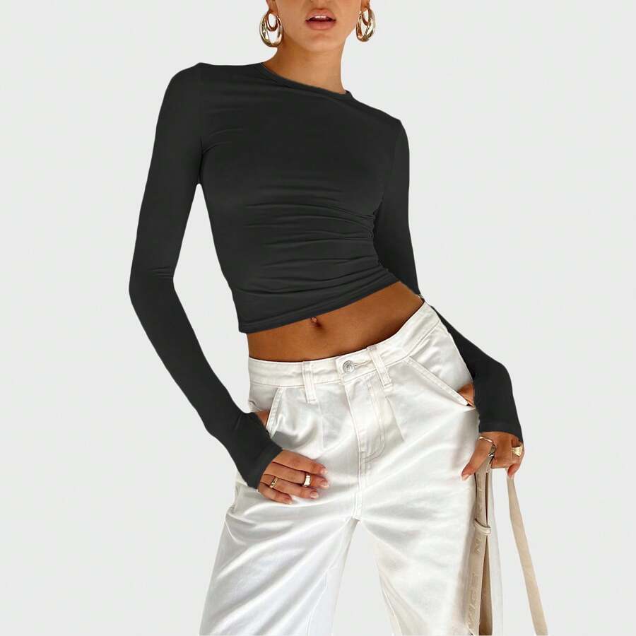 Women's Casual Basic Crop Tops Slim Fit Long Sleeve Crew Neck Solid Color T Shirt With Thumb Holes Spring Fall Pullover Shirts Tight Tee Y2K Sexy Casual Basic Going Out Tight Tee Teen Girl Clothes - 黑色 - 查看 1
