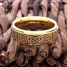 凯尔特金戒指，钨合金结婚戒指，8 毫米结婚戒指，带黑色凯尔特金图案，男士钨合金戒指 - 藍色 - 查看 3