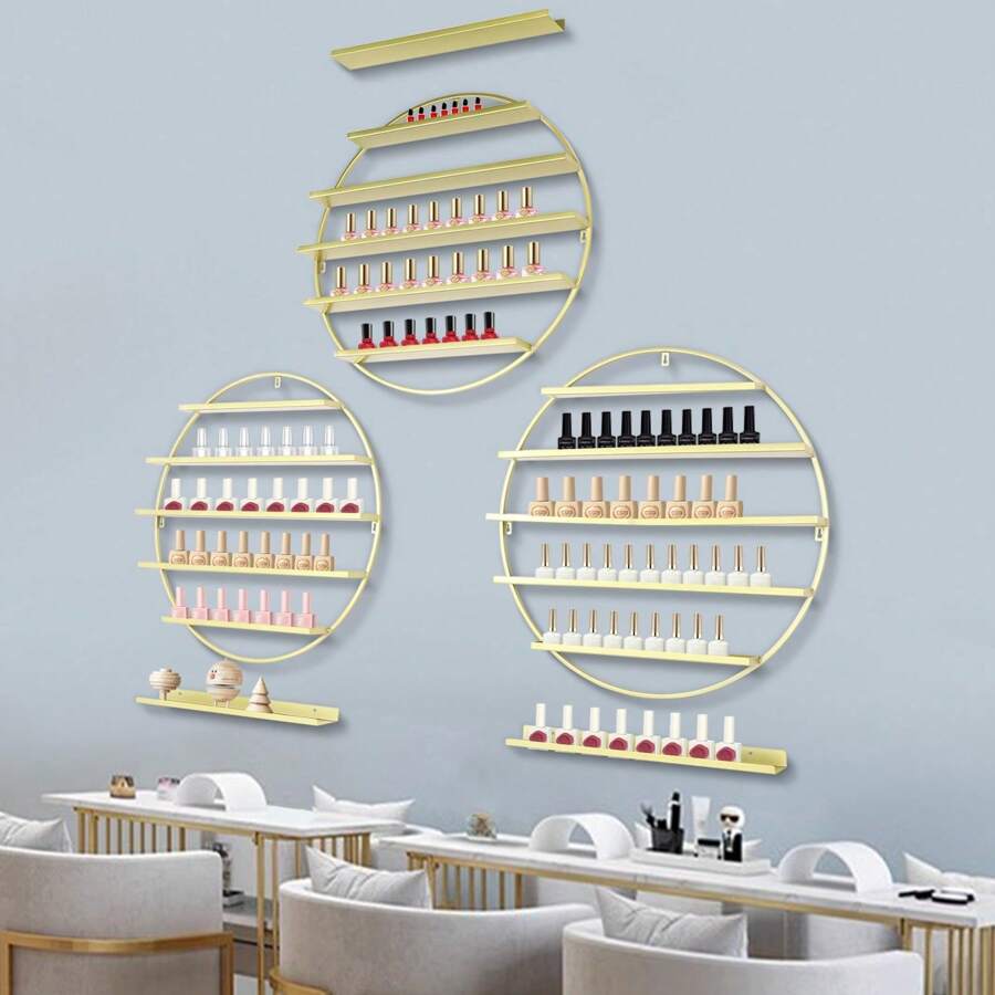 3PCS Wall Mounted Holder Display Stand For Nail Salon Nail Polish Organizer Round Shape Nail Polish Storage Rack - Gold - View 1