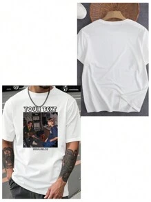 Personalized Patterned Men's White T-Shirts For Spring/Summer, Customizable With Photos. Enter Your Text/Name/Message/Funny Text/Blessing, Upload Your Favorite Photos/Friends/Lovers/Scenery/Pets. White T-Shirts, Holiday Gifts, Anniversary Gifts, Music Festival Attire, Gifts For Him/Her, Men's Crew Neck Loose Short-Sleeved T-Shirts, Party Attire, White Men's Short-Sleeved Shirts. - White - View 3