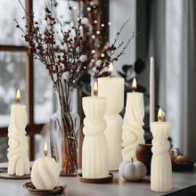 1pc Miniature Candles The Size Of A Palm Modern Ribbed Candle Set Large Soy Wax Scented Ribbed Pillar Candles Rotating Geometric Decorative Candles Suitable For Home Decor Swirl Art Candles Living Room Bathroom (White) Gifts Birthday Graduation