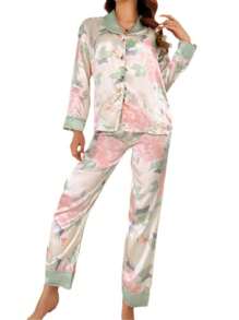 Set de 2 bucăți pentru femei, cu mâneci lungi și pantaloni, cu imprimeu floral, cu design de îmbrăcăminte casual, țesătură ușoară, set de două piese - Roz - Vizualizare 6