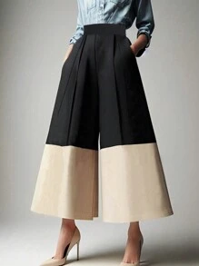 Women's Regular Waist Pocket Contrast Color Pants, Polyester Fabric, Machine Washable - Black and White - View 4