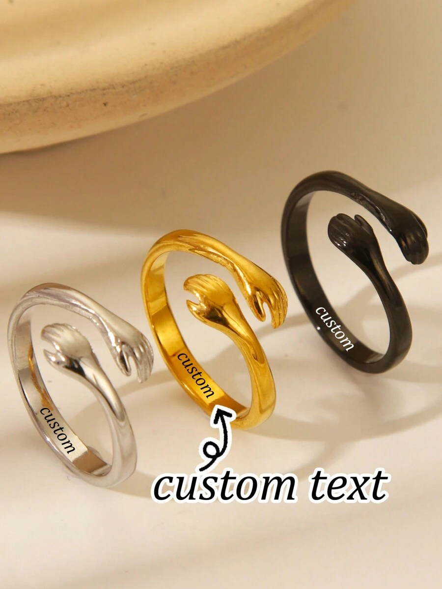1 件个性化镌刻名字手印设计可调节不锈钢开口戒指，可爱情侣戒指，适合婚礼、情人节、周年纪念礼物 - 彩色 - 查看 1