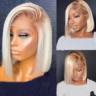 Real Glueless Wig Ready To Wear Immediate In 3 Seconds Precut Lace Not Thin Perfecr Thickness 180% Density T4/613 Ombre Blonde Short Bob Wig Real Glueless 5x5 Closure Wig 10inch 12inch Straight Bob Wig Brazilain Virgin Transparent Lace Closure Human Hair Wigs With Baby Hair Easy To Change Free Part