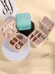 1/4pcs PU Leather Jewelry Box, Women Gifts, Mini Jewelry Organizer With Mirror, Necklace And Earring Display Holder, Pink Travel Essentials
