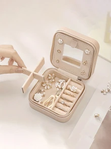 1/4pcs PU Leather Jewelry Box, Women Gifts, Mini Jewelry Organizer With Mirror, Necklace And Earring Display Holder, Pink Travel Essentials