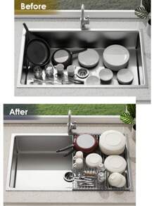 1 pièce Égouttoir extensible en acier inoxydable à placer sur l'évier, couleur noire et grise avec des bras réglables. Organisateur de cuisine/salle de bain fonctionnel pour plats, ustensiles de cuisine, légumes et fruits. Cadeau de Nouvel An et de Noël