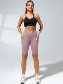 Summer Workout High Waist Women Outdoor Cycling Shorts With Pockets, Lightweight Breathable Sports Shorts With Inner Pocket, Casual Workout Tight Fitting Shorts, Pink - Pink - View 3