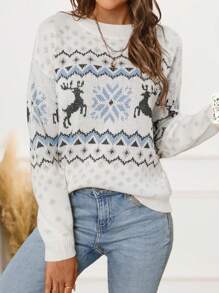 Women's Casual Deer Geometric Pattern Pullover Sweater, Autumn/Winter,Long Sleeve Tops White - Multicolor - View 1