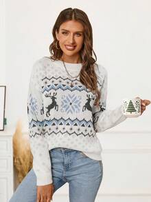 Women's Casual Deer Geometric Pattern Pullover Sweater, Autumn/Winter,Long Sleeve Tops White - Multicolor - View 7