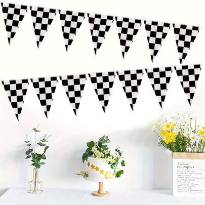 10pcs/Set Racing Checkered Flag Design Pennant Banners, Checkered Flag Theme Birthday Party Decorations, Disposable Party Supplies Triangle Paper Flags, Suitable For Birthday Party, Family Gathering, Class Reunion