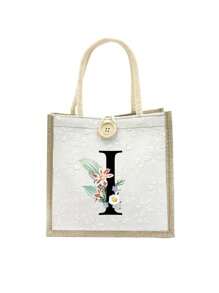 Daisy Flowers Initials Pattern Handbag,Letters A-Z Printed Linen Handbag,Small Floral Linen Button Decorative Handbag - White - View 22