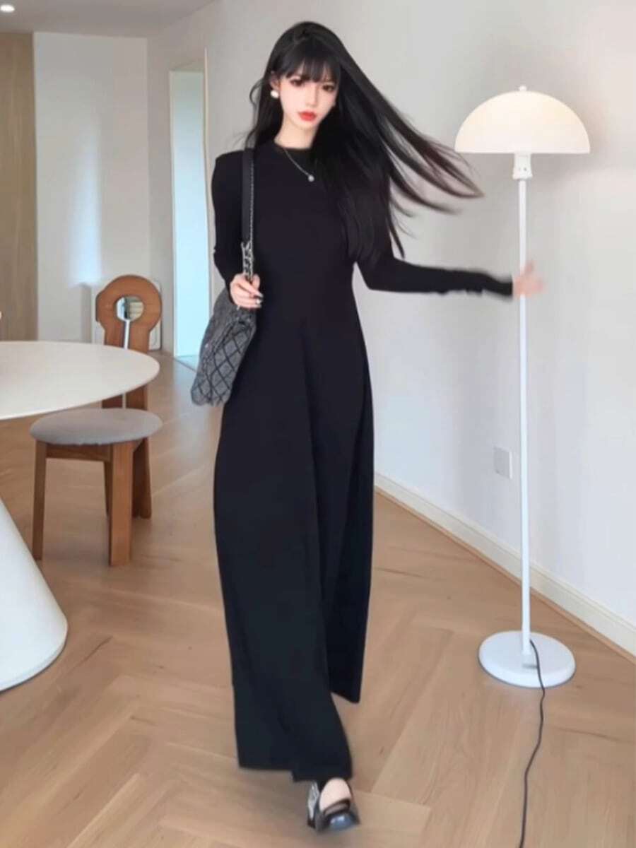 Vestido largo De Color Liso Elegante Para Mujer de casual para el uso diario - Negro - Ver 1