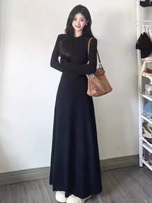 Vestido largo De Color Liso Elegante Para Mujer de casual para el uso diario - Negro - Ver 6