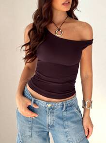 Blusa de mujer de manga corta con hombro oblicuo y unicolor casual
