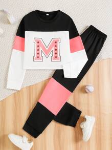 Set de 2 piezas de sudadera y pantalón de chándal con bloque de color y estampado de letras para niña preadolescente, ropa deportiva informal para primavera y otoño