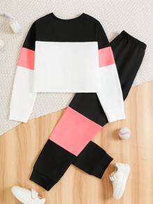 Set de 2 piezas de sudadera y pantalón de chándal con bloque de color y estampado de letras para niña preadolescente, ropa deportiva informal para primavera y otoño
