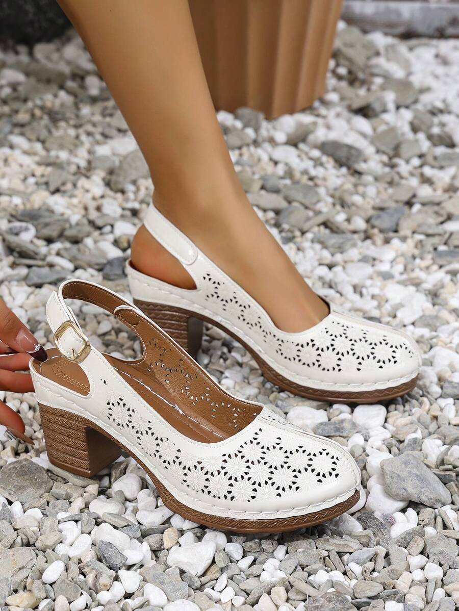 Giày sandal cao gót mũi tròn khoét rỗng thoáng khí kiểu mới mùa hè, giày cao gót đế dày kiểu Pháp thời trang nữ, giày cao gót đế xuồng. - Màu be - Xem 1