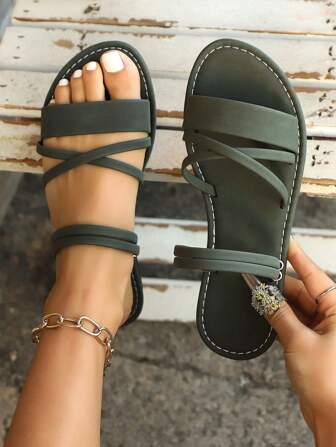 1 双平底凉鞋，简约系带平底女式夏季新款防滑露趾户外沙滩百搭连衣裙海滩休闲舒适绿色女式凉鞋