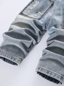 1pc Kids' Distressed Denim Jeans With Dinosaur Print Back Pockets, Elastic Waist Loose Fit Casual Trousers For Boys, Spring