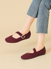 1 双女士休闲宽头方头平底鞋，面料透气材质，可调节玛丽珍带扣设计，酒红色适合中国风红色连衣裙 - 橘紅 - 查看 3
