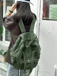 水洗时尚女士休闲帆布背包，多功能女士背包，学生背包，单肩包，多个口袋，购物背包，女士包 - 綠色 - 查看 6