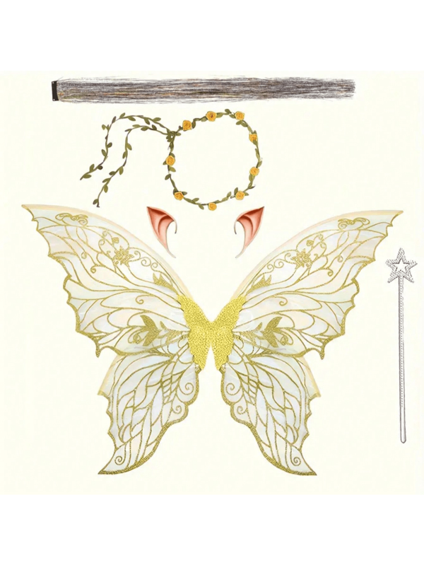 Adulto com asas de fada, conjunto de fantasia de fada com guirlanda, fita de cabelo de fada, varinha com orelhas de fada, vestido de Halloween feminino com asas de borboleta de organza brilhante com orelhas de fada, coroa de flores
