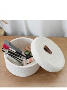 1pc Rope Storage Box Woven Desktop With Lid Jute Sundries Toy Cosmetic Storage Basket Round Multifunctional Sundries Basket Holiday Gift Blue