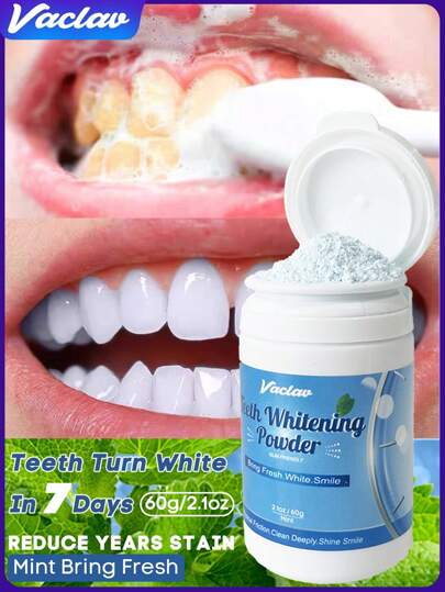 Vaclav 60g Teeth Whitening Powder, Fresh Mint Flavor, Fluoride-Free Whitening Toothpaste, Non-Sensitive, Natural Teeth Whitening, Polishing, Stain Removal, Teeth Cleaning, Fresh Breath, Toothpaste Alternative
