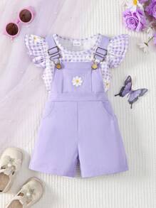 طقم للرضع والبنات الصغيرات مكون من توب قصير بطبعة زهرية بكشكشة بدون أكمام + أوفرول شورت بتطريز بأزهار الداوري البنفسجية مع أشرطة قابلة للتعديل