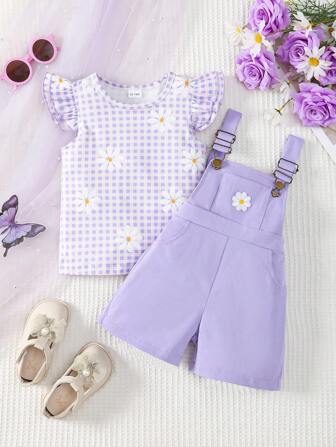 婴幼儿女孩花卉印花无袖荷叶边短款上衣 + 紫色雏菊刺绣可调节肩带背带短裤套装