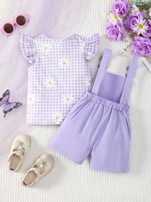 طقم للرضع والبنات الصغيرات مكون من توب قصير بطبعة زهرية بكشكشة بدون أكمام + أوفرول شورت بتطريز بأزهار الداوري البنفسجية مع أشرطة قابلة للتعديل