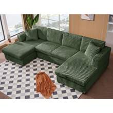 1PC 123" Large Corduroy Sofa With Deep Seats, U-Shaped 4 Seater Sofa With Toffee Recliner & 2 Pillows, Modern Modular Sectional Sofa For Living Room, Apartment, Office, In 3 Packages, Large Size 123.20''W* 62.59''D* 35.43''H, Living Room Furniture, Combination Sofa, Home Decor - 綠色 - 查看 4