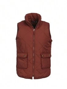 Women Quilted Puffer Vest L-3XL Winter Warm Jacket Vest Solid Color Sleeveless Stand Collar Zipper Padded Coat Gilet - Tan - View 1