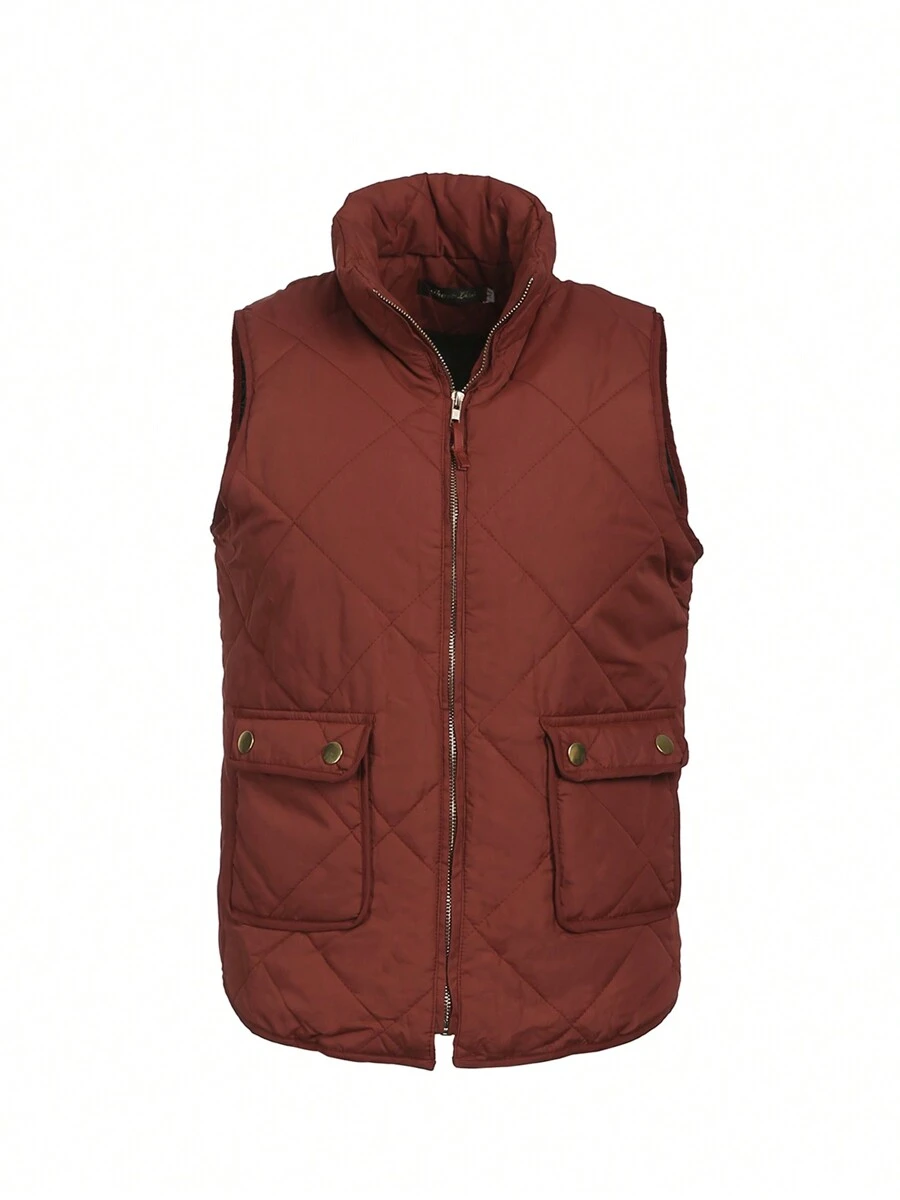 Women Quilted Puffer Vest L-3XL Winter Warm Jacket Vest Solid Color Sleeveless Stand Collar Zipper Padded Coat Gilet - Tan - View 1