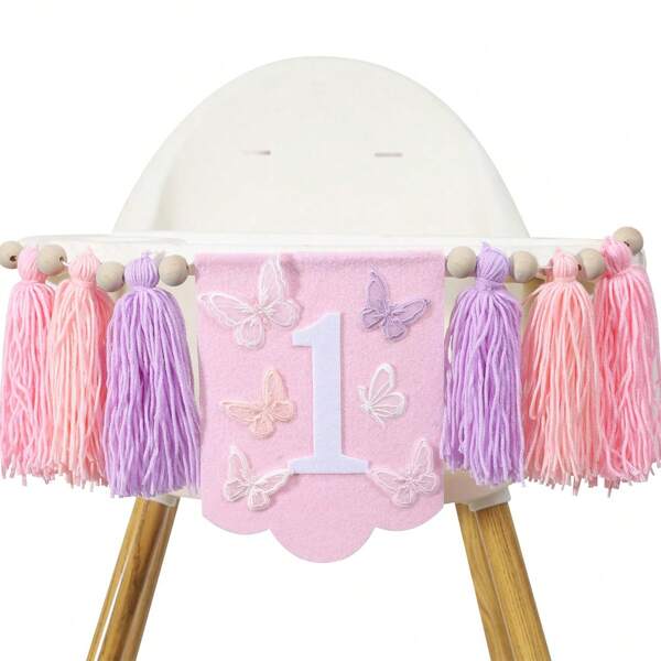 Handmade Bohemian Style Birthday High Chair Banner, Pink Butterfly Birthday Party Decor, Sparkling Tassel Flower Wreath Room Decoration