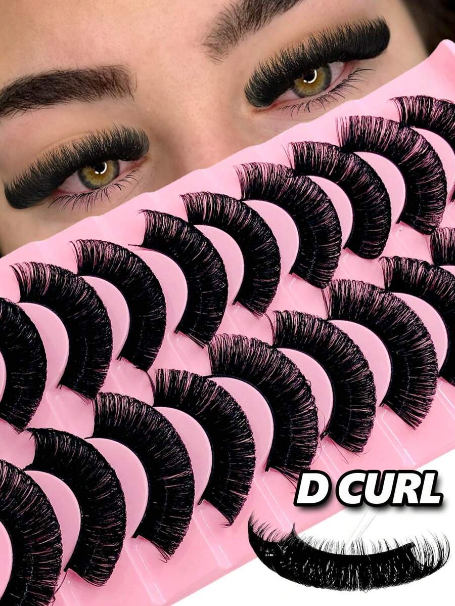 Rikuaild 10 Pairs D Curl Fluffy Thick Russian Strip Lashes Mega Volume Faux Mink Lashes Eye Lifting Look Extension Dramatic Look Full Eyelash Strip Strip Lashes, Lashes, Eyelashes, Fake Lashes