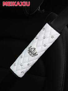 1pc Soft PU Faux Sheepskin Crown Decorated With Artificial Diamonds Blingbling Car Shoulder Pad For Seatbelt Length 9.05 Inches, Automotive