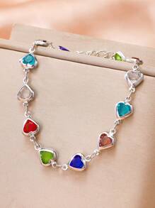 1条彩色水晶心形吊坠银手链，适合女性日常佩戴 - 彩色 - 查看 2